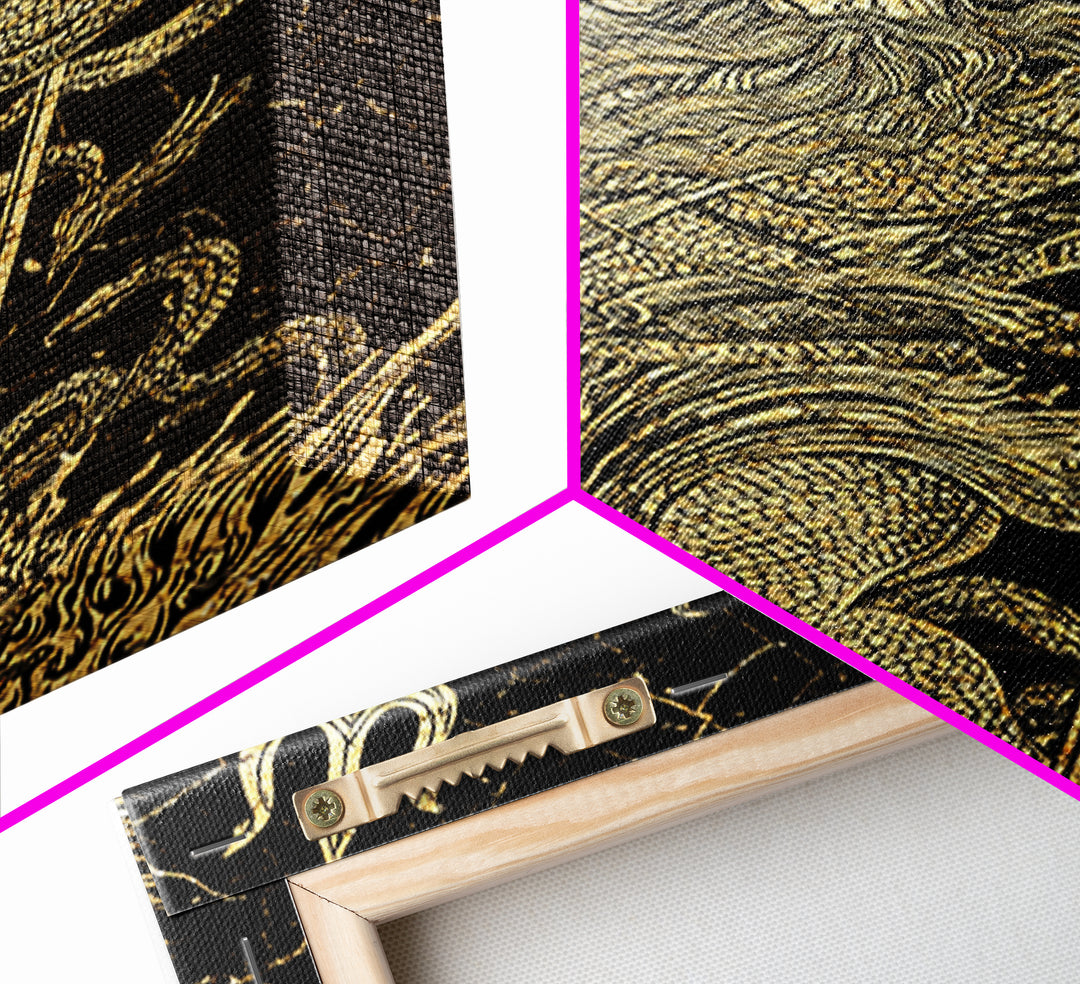 Poseidon Sea God With Serpent Canvas Gold Canvas Print, Ocean Deity With Trident Canvas Gold Art, Real Wood Frame Mythological Decor