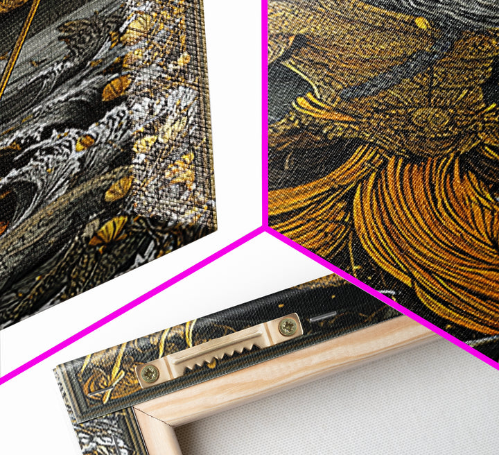 Poseidon Mythical Sea God Canvas Gold Canvas Print, Ocean Trident Warrior Canvas Gold Art, Real Wood Frame Ancient Mythology Decor