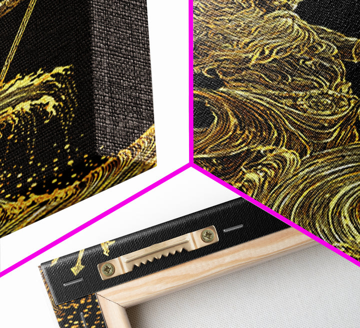 Poseidon Sea God Statue Canvas Gold Canvas Print, Ocean Deity With Waves Canvas Gold Art, Real Wood Frame Classical Mythology Decor