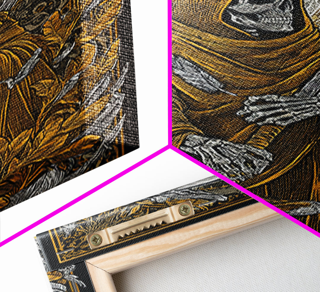 Grim Reaper Canvas Gold Canvas Print, Gothic Mythology Wall Art, Skeleton With Scythe Artwork, Real Wood Frame, Dark Decor