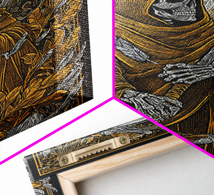 Grim Reaper Canvas Gold Canvas Print, Gothic Mythology Wall Art, Skeleton With Scythe Artwork, Real Wood Frame, Dark Decor