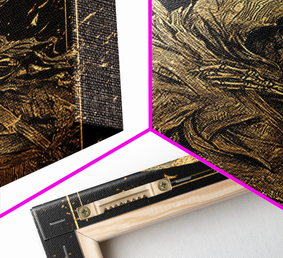 Death Figure Canvas Gold Canvas Print, Gothic Skeleton Wall Art, Grim Reaper Mythology Artwork, Real Wood Frame, Dark Decor