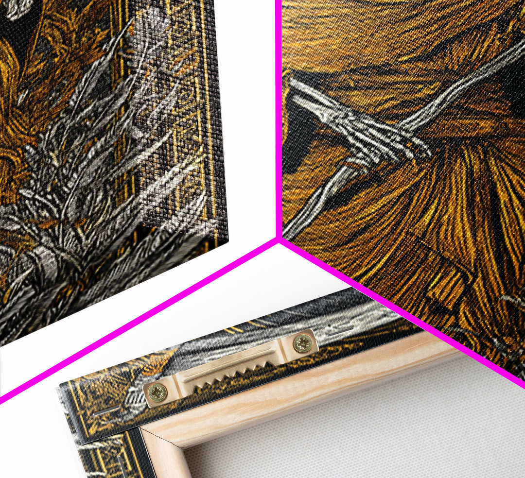 Hooded Skeleton Canvas Gold Canvas Print, Grim Reaper Gothic Wall Art, Dark Mythology Artwork, Real Wood Frame, Unique Decor