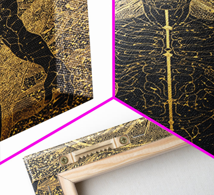 Celestial Radiance Figure, Canvas Gold Art, Mythological Cosmic Wall Print, Spiritual Decor With Real Wood Frame
