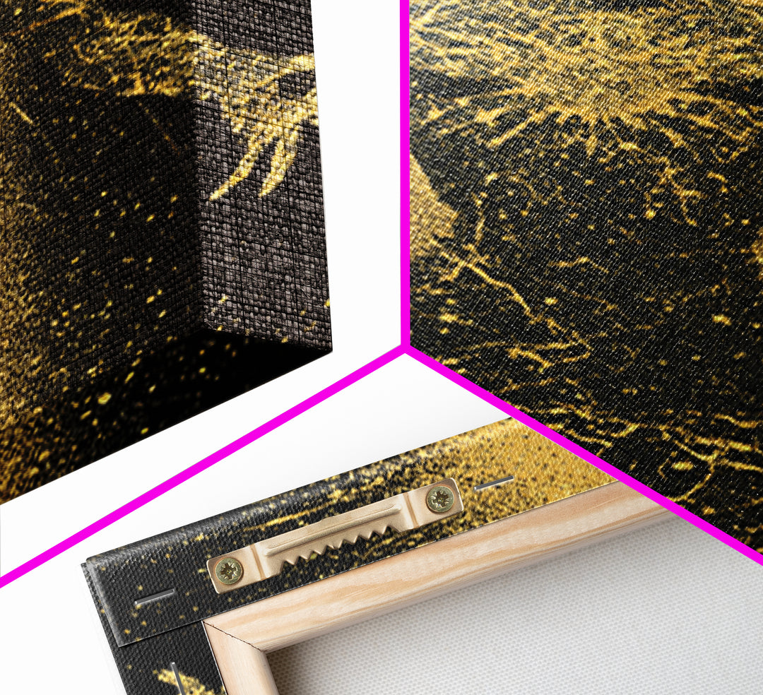 Golden Cosmic Silhouette, Canvas Gold Canvas Print, Abstract Mythology Inspired Wall Decor, Real Wood Frame
