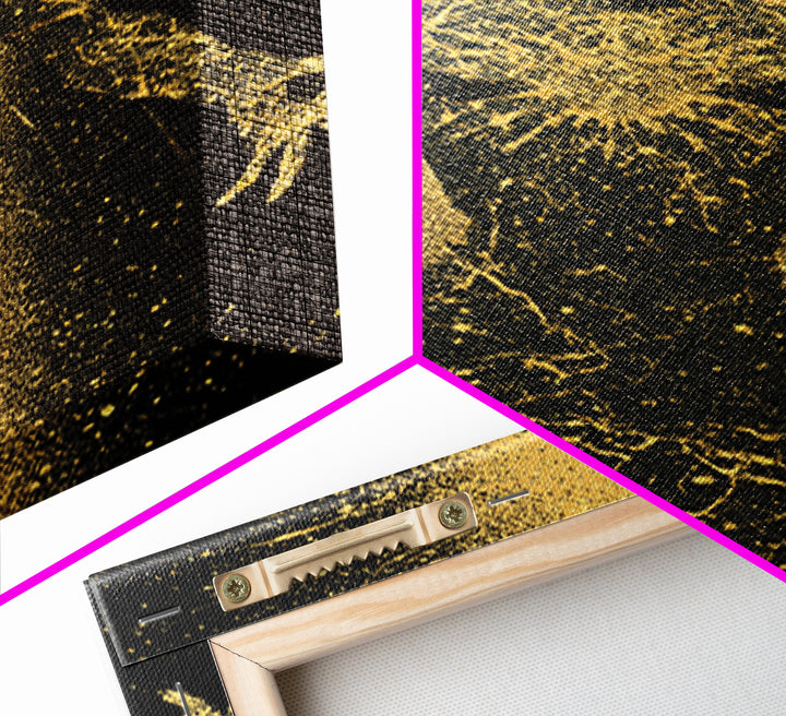 Golden Cosmic Silhouette, Canvas Gold Canvas Print, Abstract Mythology Inspired Wall Decor, Real Wood Frame