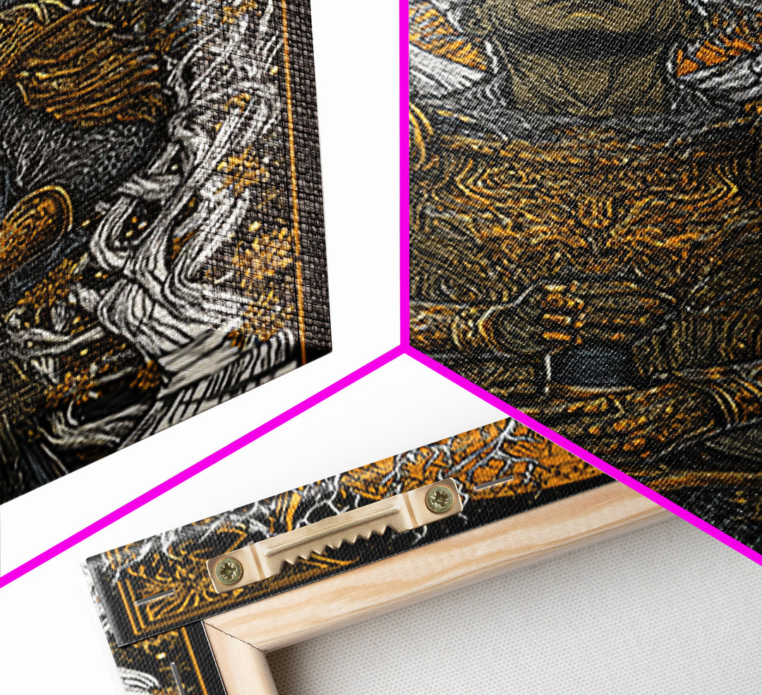 Mythic Guardian With Sword, Canvas Gold Art, Fantasy Inspired Warrior Wall Print, Real Wood Framed Wall Decor