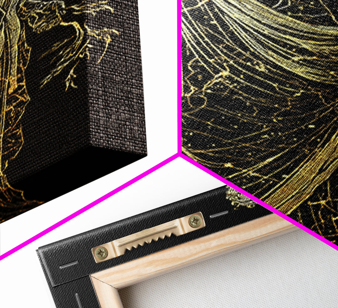 Greek God Canvas Gold Art, Zeus Mythology Wall Print, Lightning Power Decor, Luxury Canvas Artwork, Real Wood Frame
