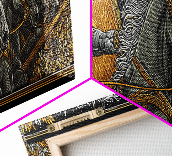 Heroic Greek Warrior With Horses, Ancient Mythology Wall Decor, Gold Canvas Print, Real Wood Frame
