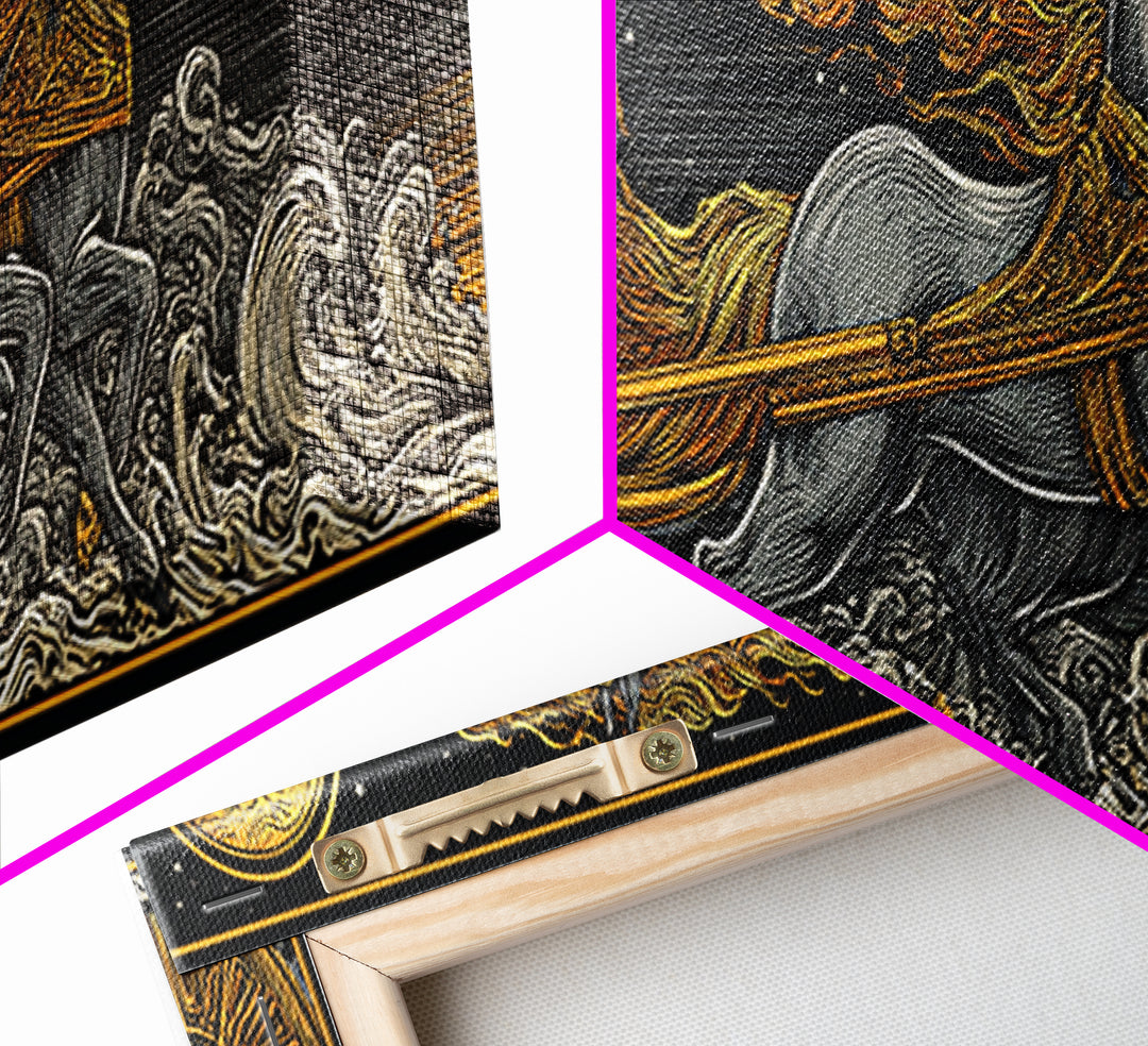 Sun God Chariot, Mythological Horses And Flames Wall Decor, Gold Canvas Print, Real Wood Framed Art