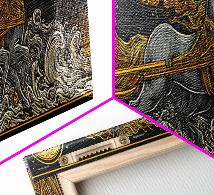 Sun God Chariot, Mythological Horses And Flames Wall Decor, Gold Canvas Print, Real Wood Framed Art