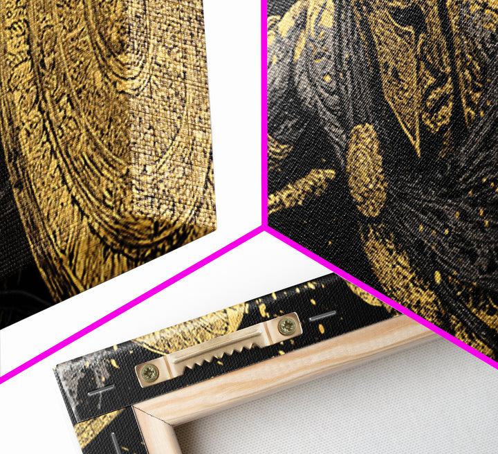 Ornate Spartan Warrior With Shield And Sword, Ancient Battle Scene Artwork, Gold Canvas Print, Real Wood Frame