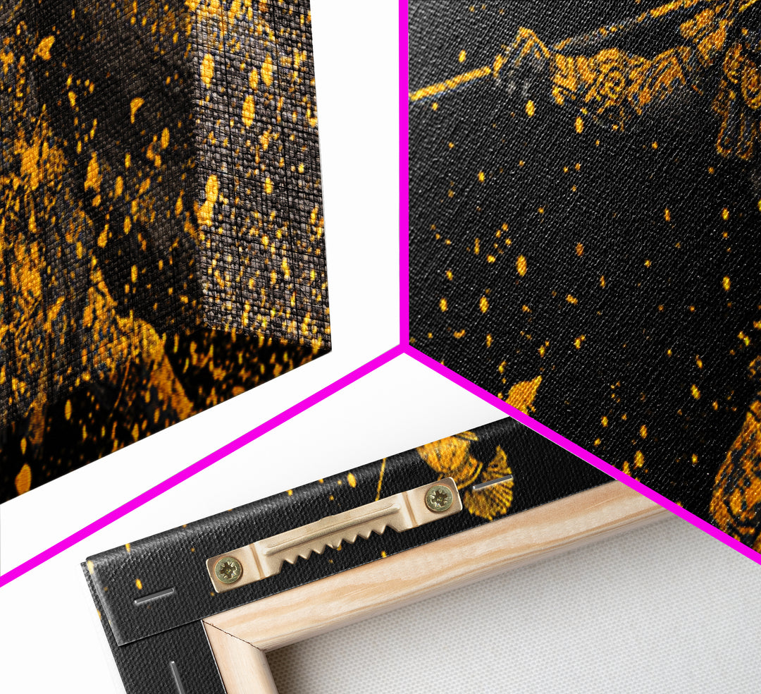 Greek Warrior Throwing Spear In Battle, Ancient Spartan Hero Wall Art, Gold Canvas Print, Real Wood Frame