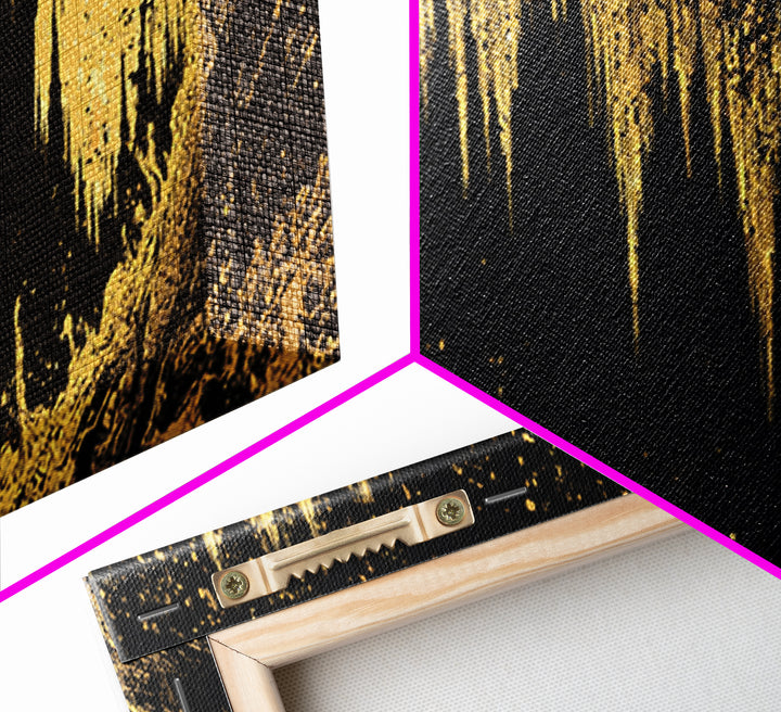 Golden Cave With Stalactites And Figures, Mythological Decorative Wall Art, Gold Canvas Print, Real Wood Frame