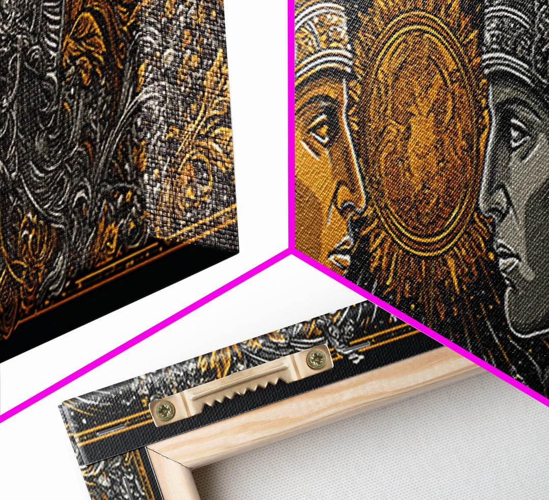 Warrior Gods Face To Face, Ancient Mythological Helmet Artwork, Gold Canvas Print, Real Wood Frame Wall Art