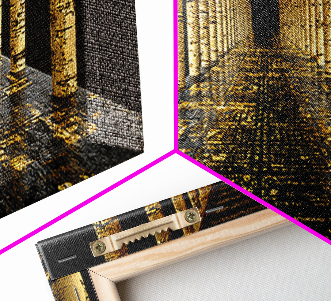 Endless Golden Pillars Corridor, Ancient Greek Architecture Gold Canvas Print, Mythology Wall Art, Real Wood Frame