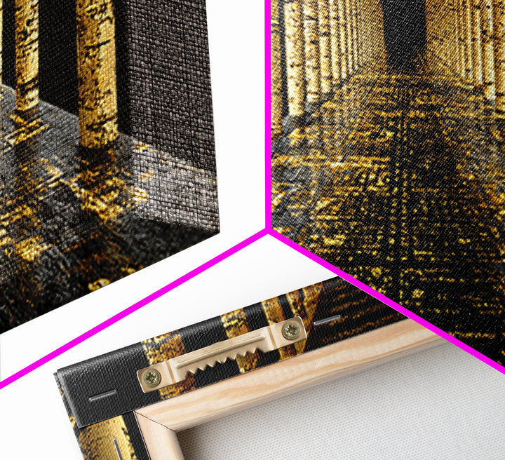 Endless Golden Pillars Corridor, Ancient Greek Architecture Gold Canvas Print, Mythology Wall Art, Real Wood Frame