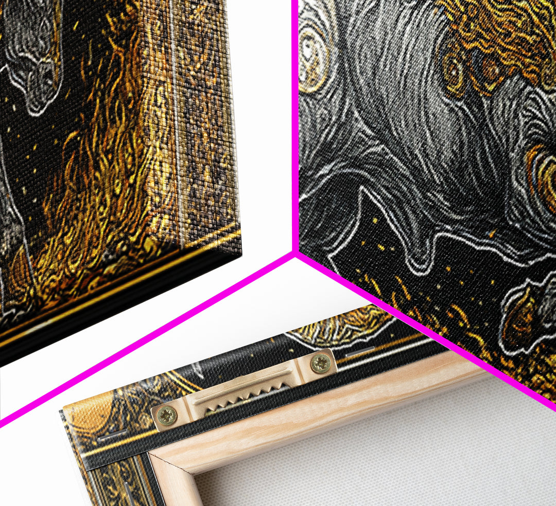 Fiery Bull Of Mythology, Charging Beast Symbol Of Strength, Gold Canvas Print, Real Wood Frame Wall Artwork