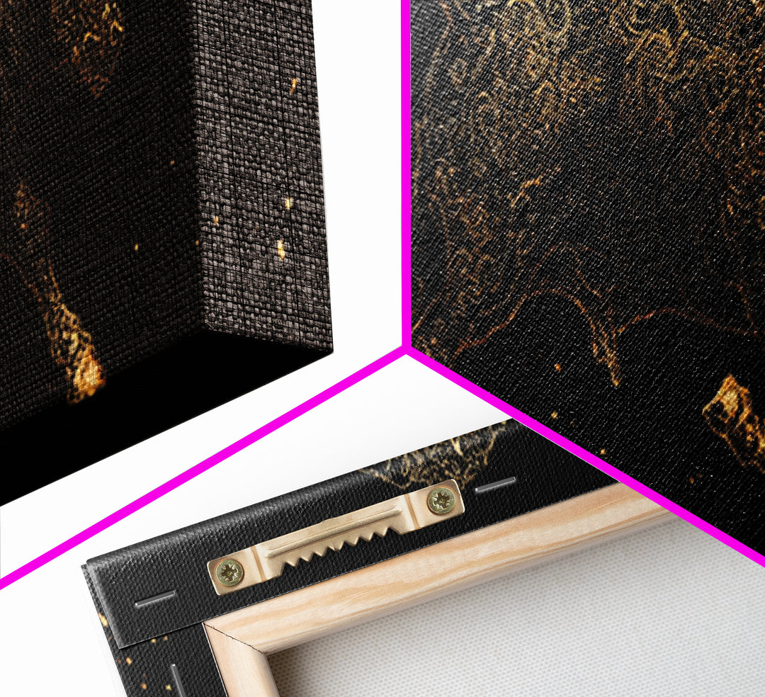 Ornamental Bull In Motion, Intricate Mythological Strength Symbol, Gold Canvas Print, Real Wood Frame Wall Art
