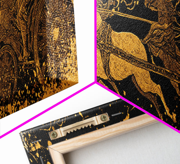 Ancient Chariot Battle Scene, Mythical Horses And Warrior Artwork, Gold Canvas Print, Real Wood Frame Wall Decor