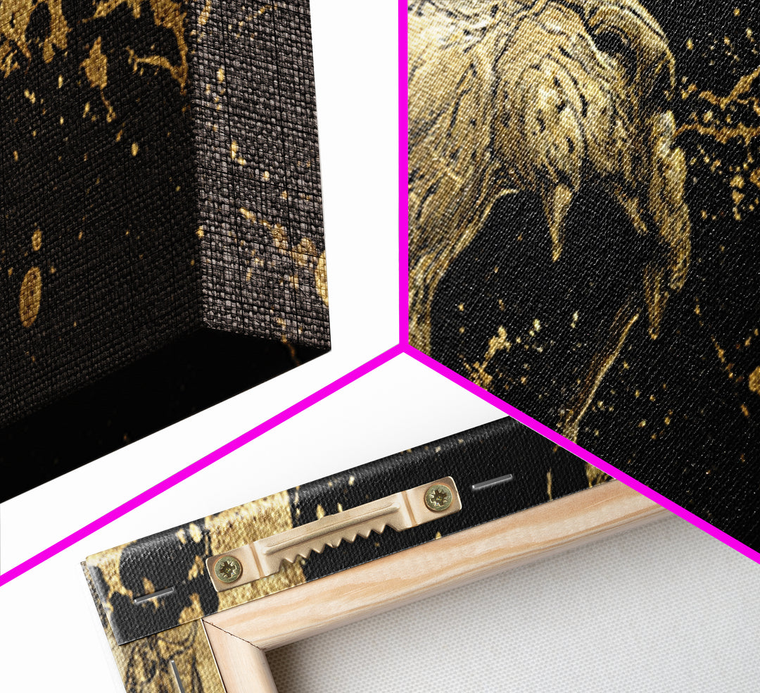 Roaring Lion Of Mythology, Fierce King Of Beasts Ancient Artwork, Gold Canvas Print, Real Wood Frame Wall Decor
