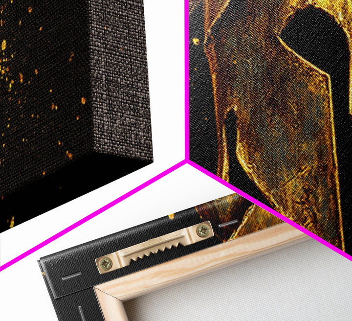 Spartan Warrior Helmet, Ancient Greek Armor Mythological Artwork, Gold Canvas Print, Real Wood Frame Wall Art