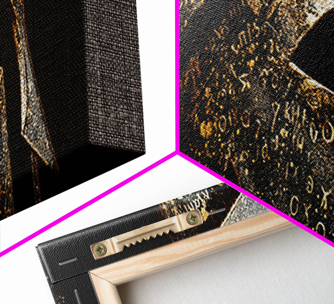Spartan Helmet Close Up, Ancient Greek Warrior Armor Wall Decor, Gold Canvas Print, Real Wood Frame