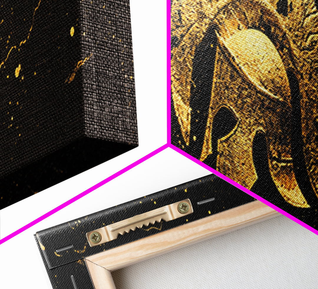 Greek Hoplite Helmet, Ancient Warrior Armor Symbol Wall Artwork, Gold Canvas Print, Real Wood Frame Wall Decor
