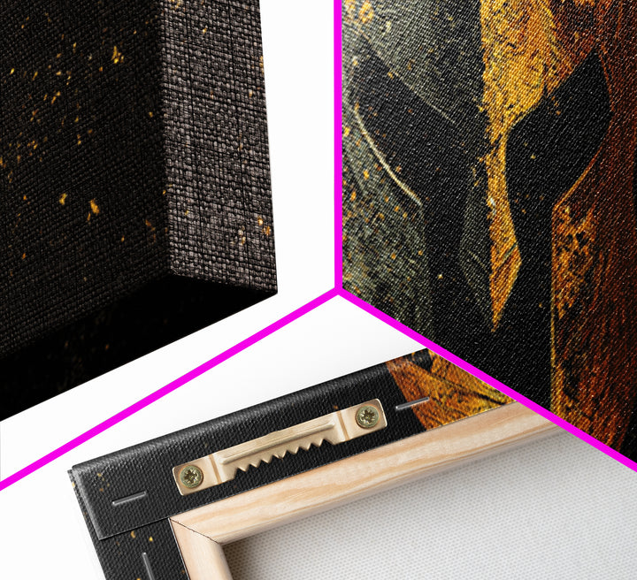 Half Face Spartan Helmet, Ornate Warrior Armor Greek Mythology Artwork, Gold Canvas Print, Real Wood Frame Wall Art