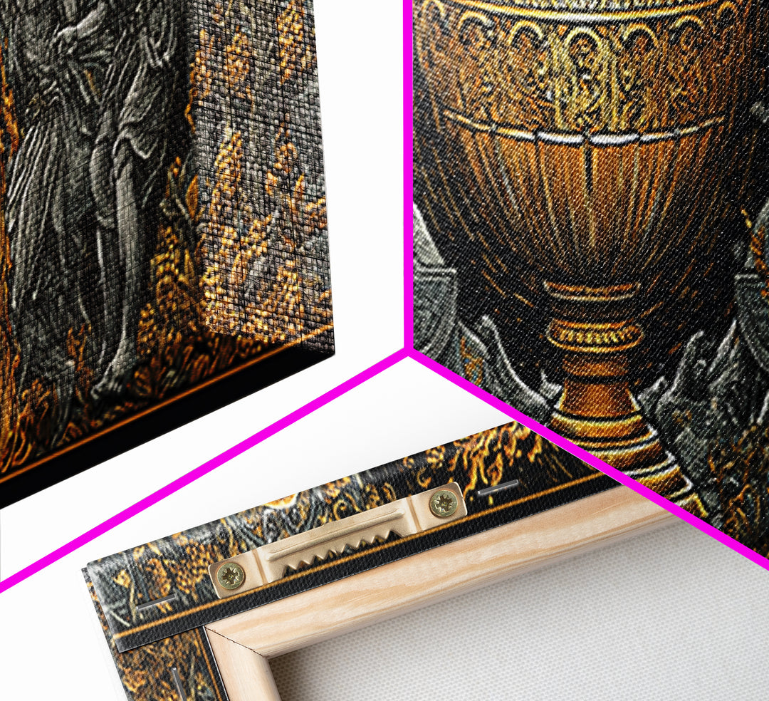 Ancient Chalice Of Gods, Mythological Cup With Figures And Flowing Design, Gold Canvas Print, Real Wood Frame Artwork