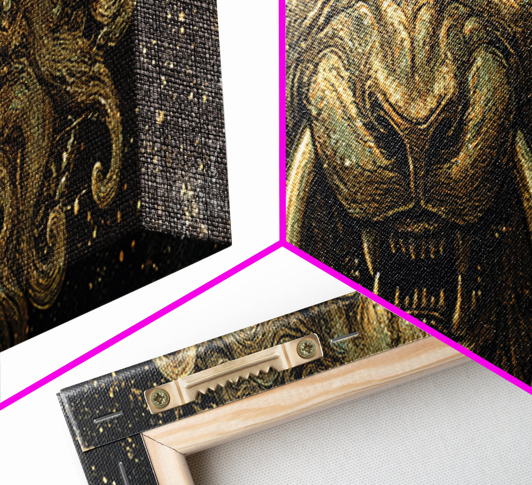 Roaring Lion Head, Fierce Mythological Beast Symbol Of Power Wall Artwork, Gold Canvas Print, Real Wood Frame Wall Decor