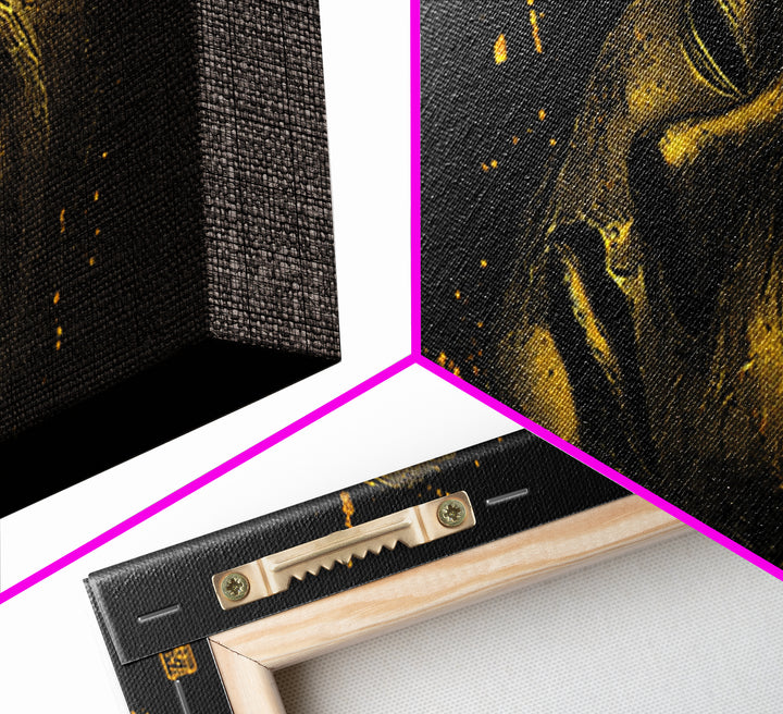 Crying Mask Artwork, Mythological Tragedy Symbol Dramatic Face Wall Design, Gold Canvas Print, Real Wood Frame Wall Art