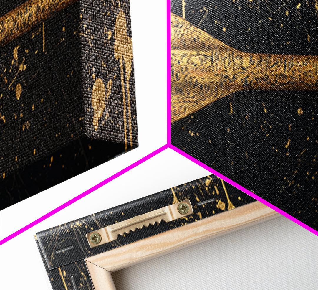 Ancient Oar Artwork, Mythological Paddle With Script Decorative Wall Design, Gold Canvas Print, Real Wood Frame Wall Art