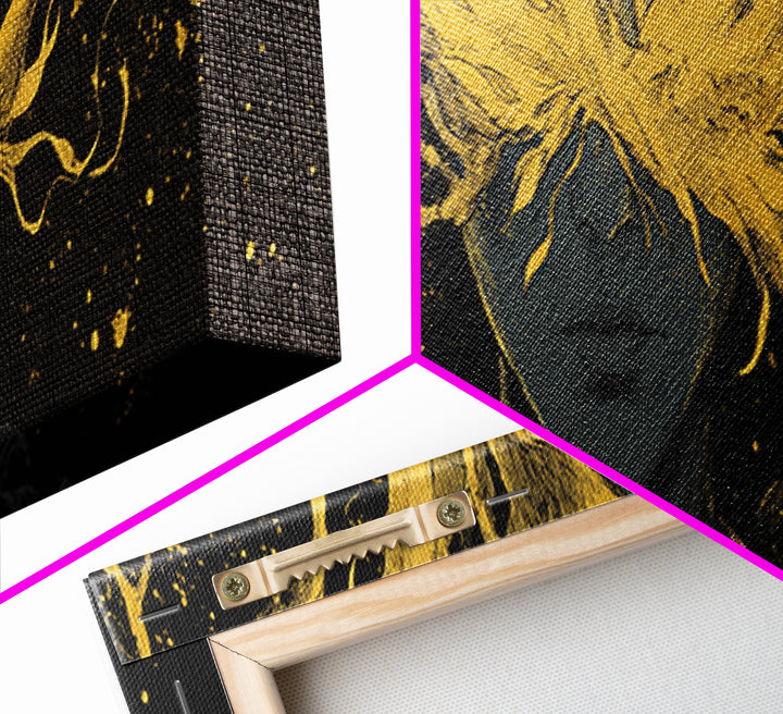 Blinded Mythological Figure, Flowing Fire Vision Symbolic Wall Artwork, Gold Canvas Print, Real Wood Frame Wall Decor