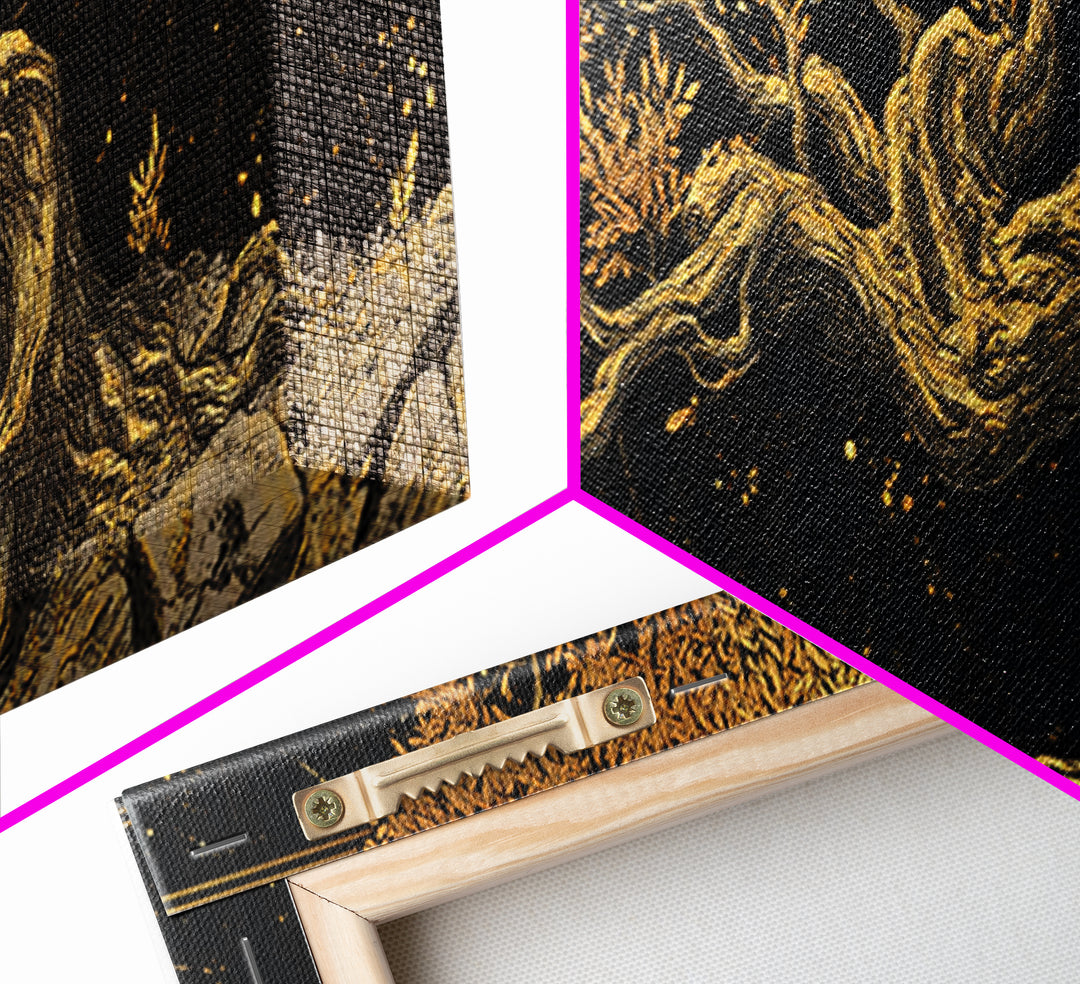 Ancient Olive Tree Artwork, Mythological Symbol Of Peace Decorative Wall Design, Gold Canvas Print, Real Wood Frame Art