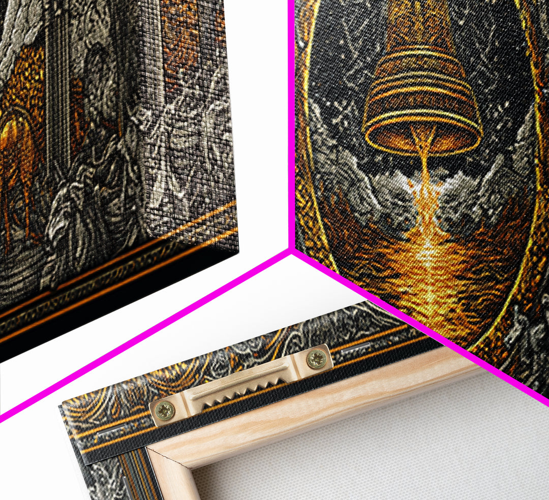 Mythological Temple Scene With Golden Bell, Classical Arches And Night Sky Artwork, Gold Canvas Print, Real Wood Frame