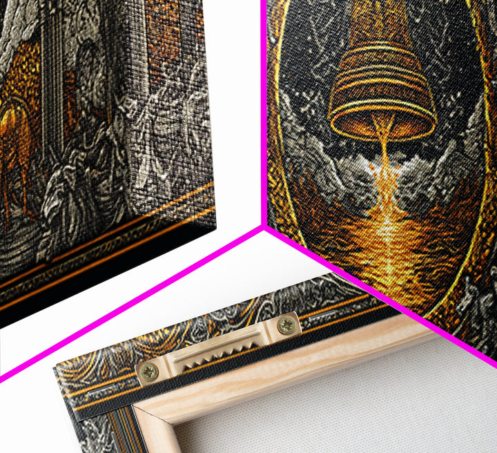 Mythological Temple Scene With Golden Bell, Classical Arches And Night Sky Artwork, Gold Canvas Print, Real Wood Frame