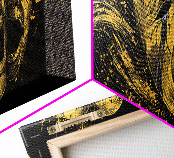 Paired Tragic Masks, Mythological Theater Symbol Decorative Wall Artwork, Gold Canvas Print, Real Wood Frame Wall Decor