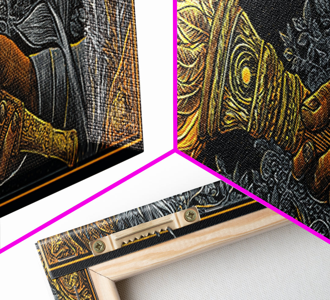 Ancient Torch Of Flames, Mythological Fire Symbol Decorative Wall Artwork, Gold Canvas Print, Real Wood Frame Wall Decor