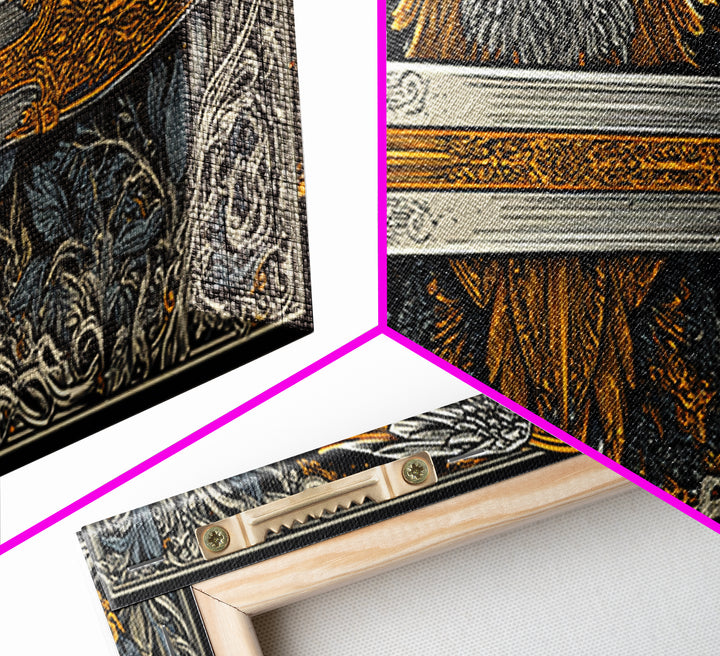 Sword With Wings, Mythological Weapon And Guardian Bird Decorative Wall Artwork, Gold Canvas Print, Real Wood Frame Art