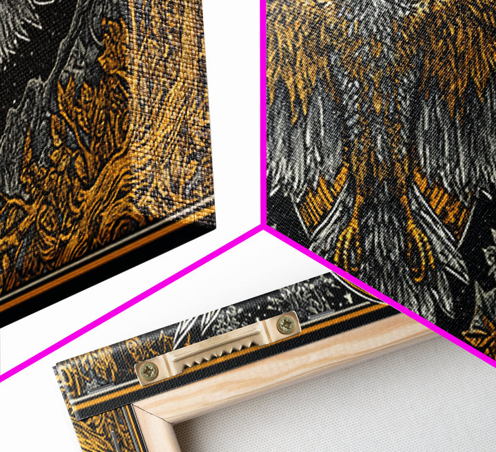 Majestic Golden Eagle Rising, Mythical Bird Of Power Wall Decor, Gold Canvas Print, Real Wood Framed Art