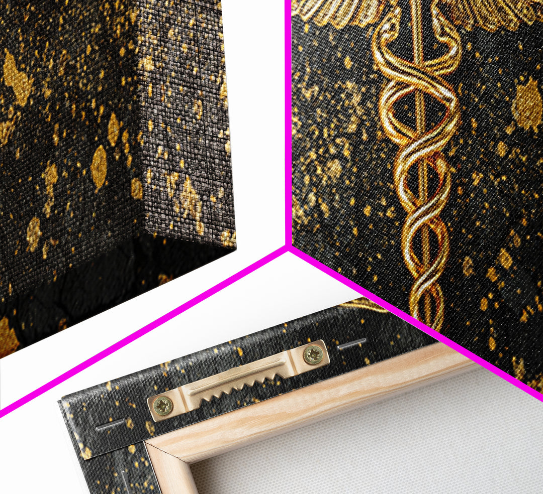 Caduceus Symbol Artwork, Ancient Mythological Medicine Emblem Decorative Wall Art, Gold Canvas Print, Real Wood Frame