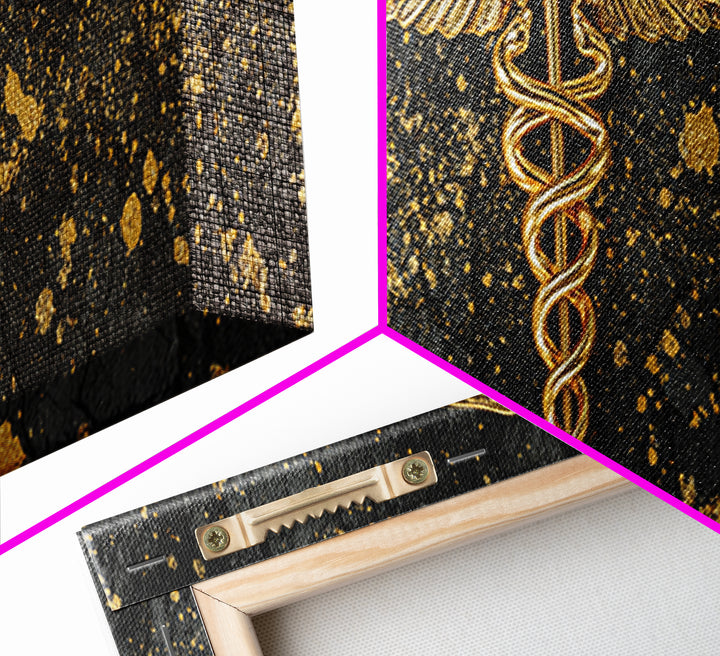 Caduceus Symbol Artwork, Ancient Mythological Medicine Emblem Decorative Wall Art, Gold Canvas Print, Real Wood Frame