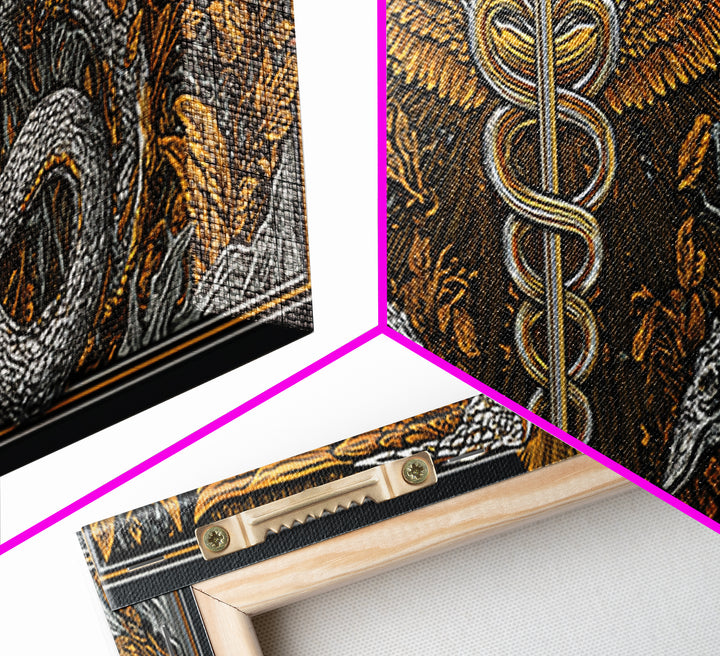 Caduceus With Serpents, Mythological Healing Symbol Decorative Wall Artwork, Gold Canvas Print, Real Wood Frame Decor