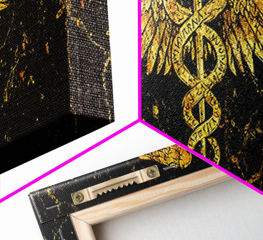 Ancient Caduceus Symbol, Winged Serpent Staff Mythological Artwork, Gold Canvas Print, Real Wood Frame Wall Decor