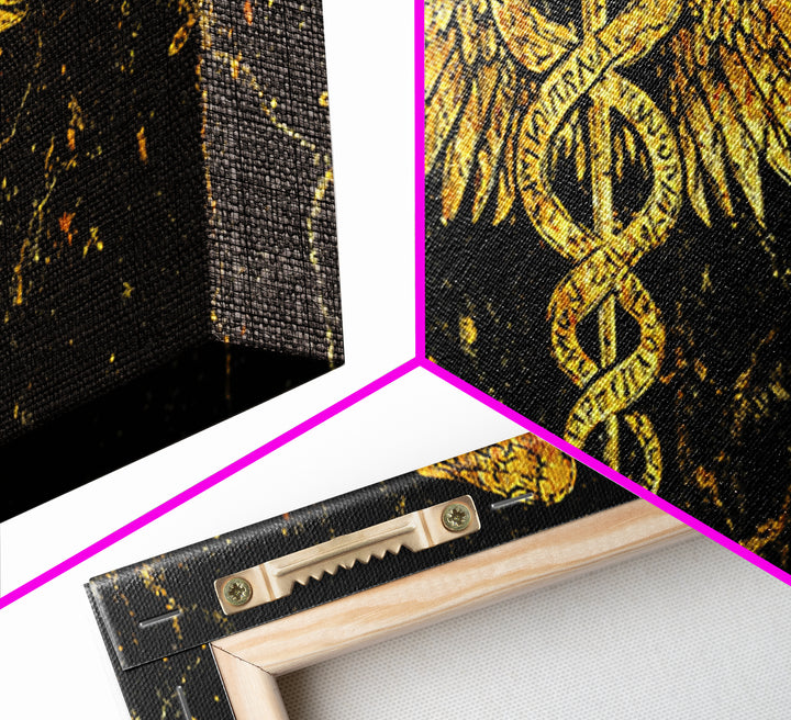 Ancient Caduceus Symbol, Winged Serpent Staff Mythological Artwork, Gold Canvas Print, Real Wood Frame Wall Decor