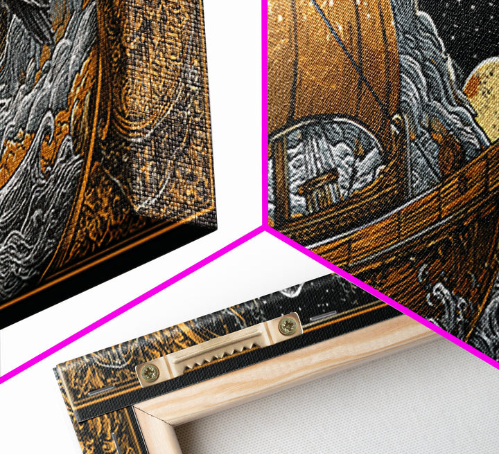 Ancient Sailing Ship, Mythological Vessel With Raven Decorative Wall Artwork, Gold Canvas Print, Real Wood Frame Wall Decor