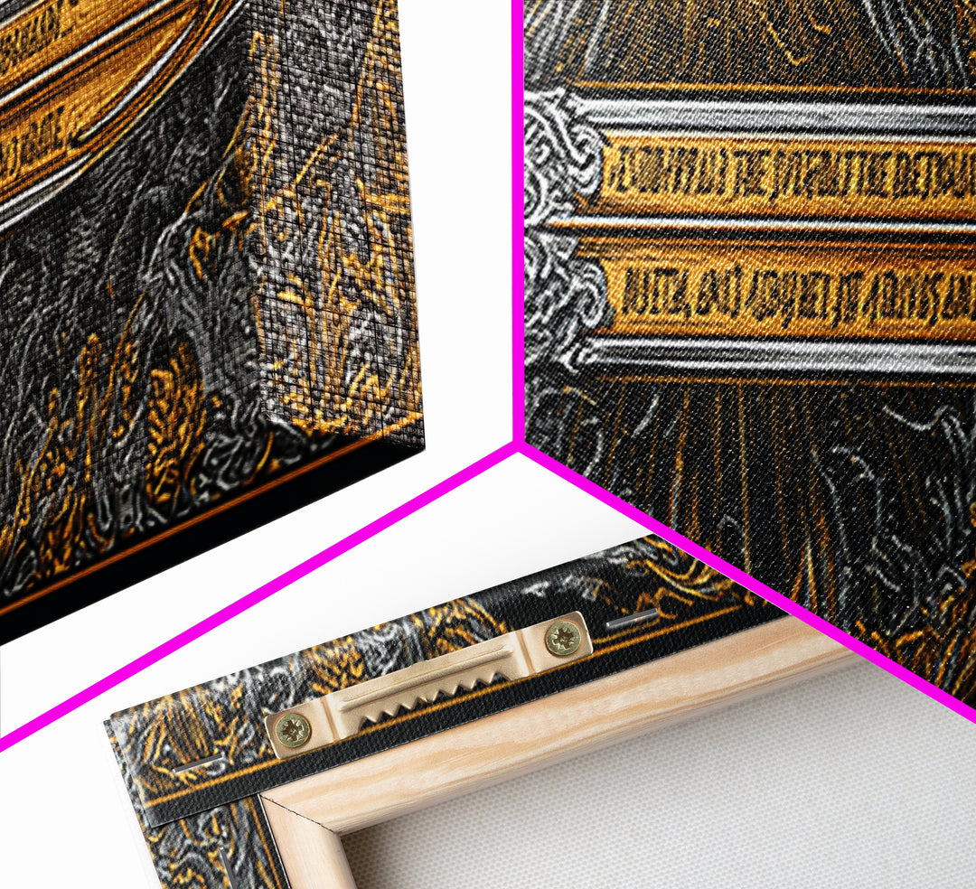 Ornate Mythological Sword, Decorative Ancient Weapon Symbolic Wall Artwork, Gold Canvas Print, Real Wood Frame Wall Decor