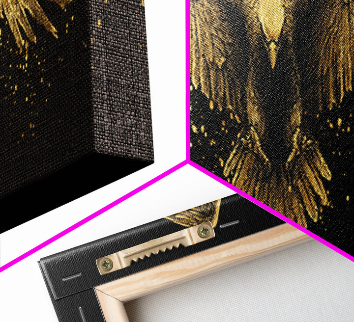 Golden Eagle In Flight, Regal Mythological Bird Wall Decor, Gold Canvas Print, Real Wood Frame Art