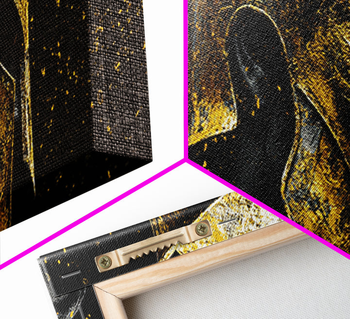 Spartan Warrior Helmet, Ancient Greek Mythological Armor Decorative Artwork, Gold Canvas Print, Real Wood Frame Wall Art